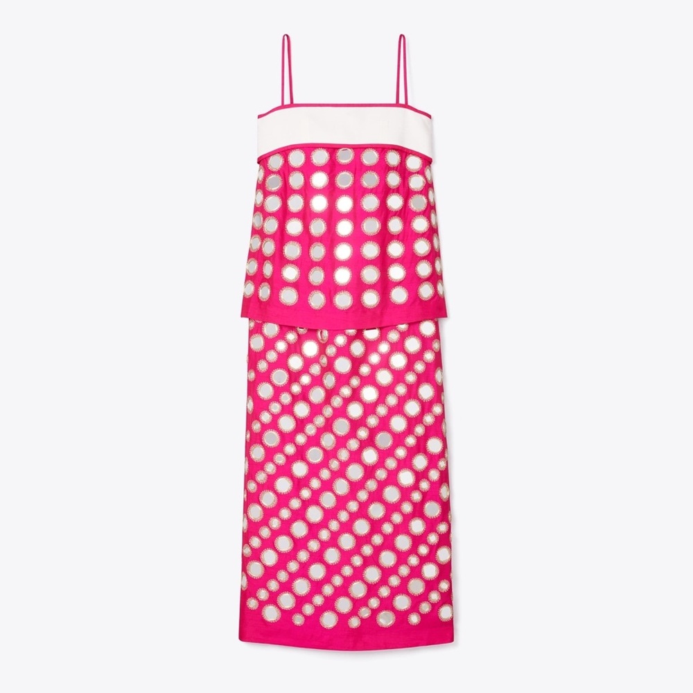 NWT Tory Burch LAYERED HAND-DONE MIRRORWORK DRESS in Bold Pink Sz 00 - Picture 2 of 3